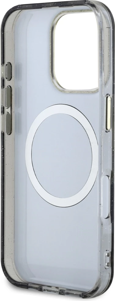 Mbështjellës Guess Glitter Flowers Triangle Buttons MagSafe për iPhone 16 Pro, i zi