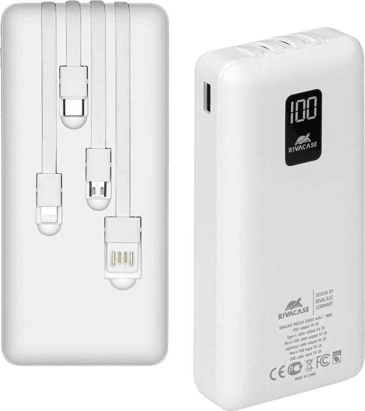 Powerbank RIVACASE VA2220 20000mAh 10W me ekran LCD, 4 kabllo (MicroUSB, Type-C, Lightning, USB-A), i bardhë