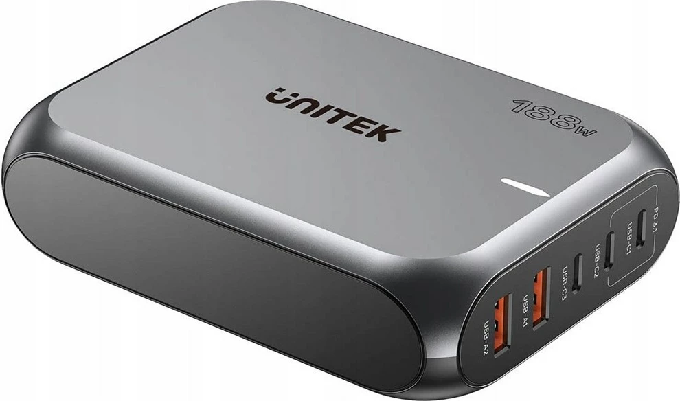 Karikues rrjeti GaN UNITEK P1234AGY01-EU, 188W, 3x USB-C, 2x USB-A, Gri