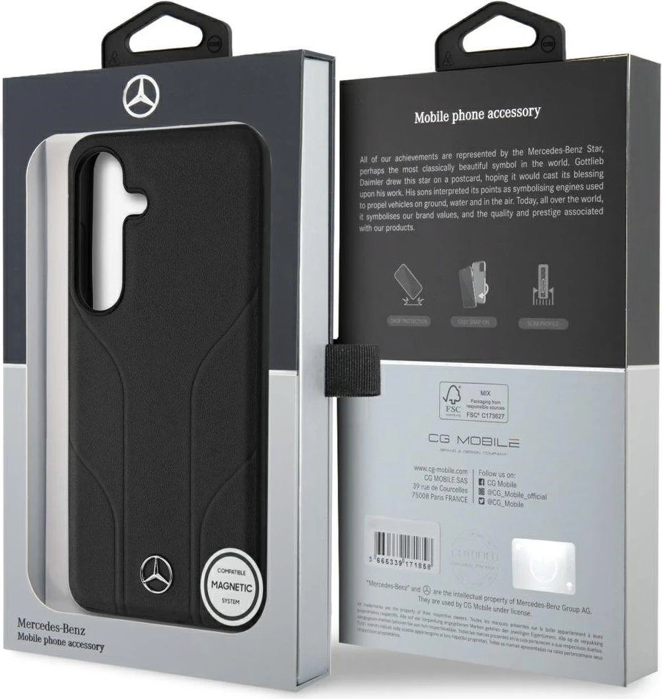 Mbështjellës Mercedes Leather Debossed Lines MagSafe për Samsung Galaxy S25+, i zi