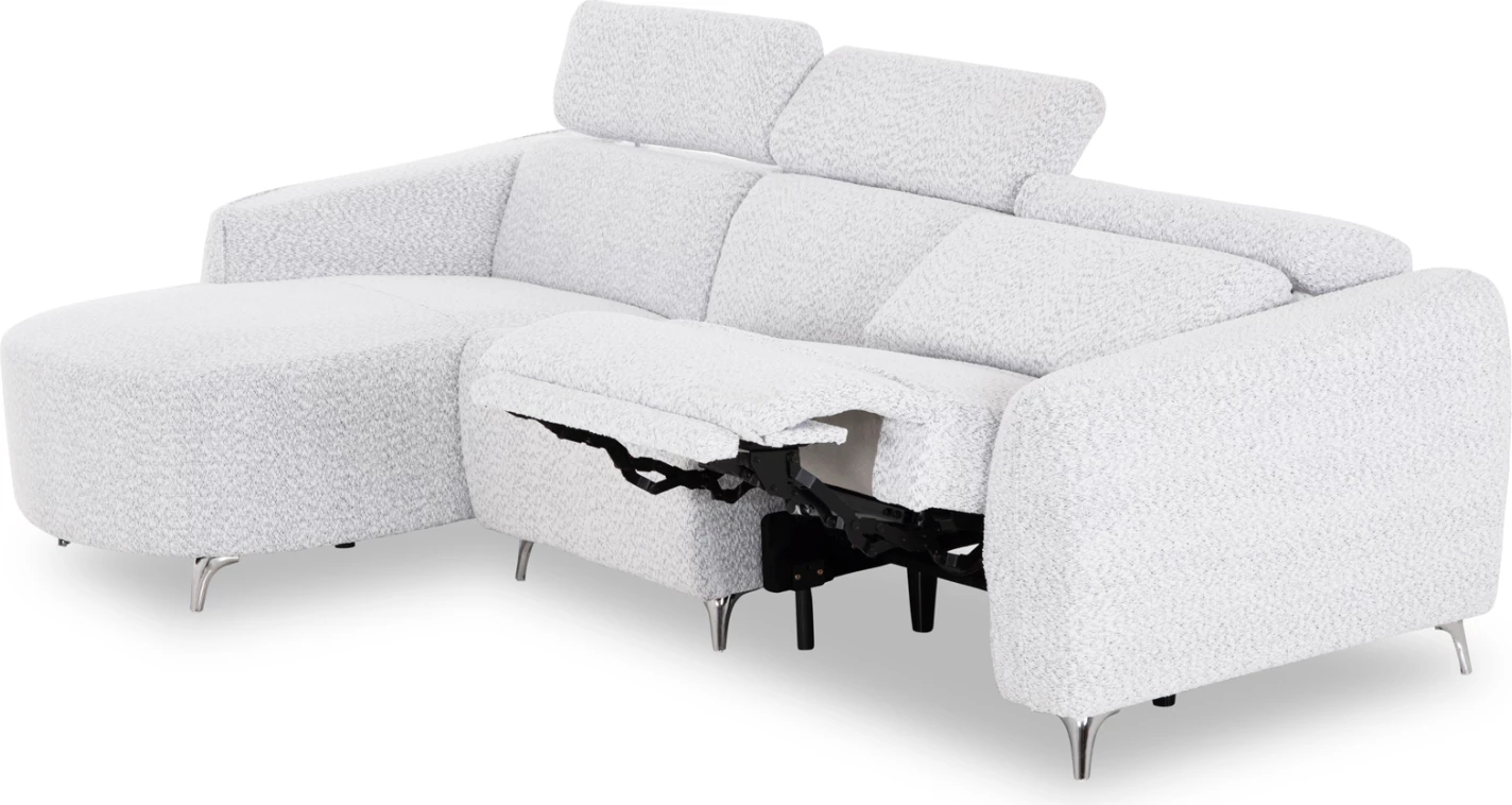 Këndore e majtë treshe me recliner Valente, material teddy, ngjyrë gri e çelët, CD3317.01L, 275x160x104cm