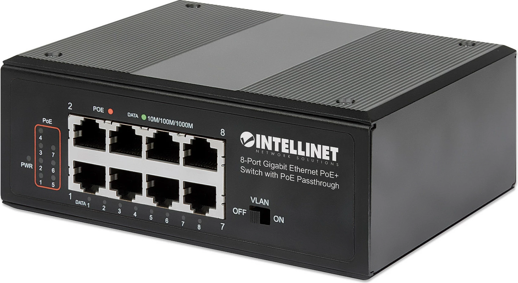 Switch industrial Intellinet 8-Port Gigabit PoE+ me PoE Passthrough, DIN-Rail, i zi