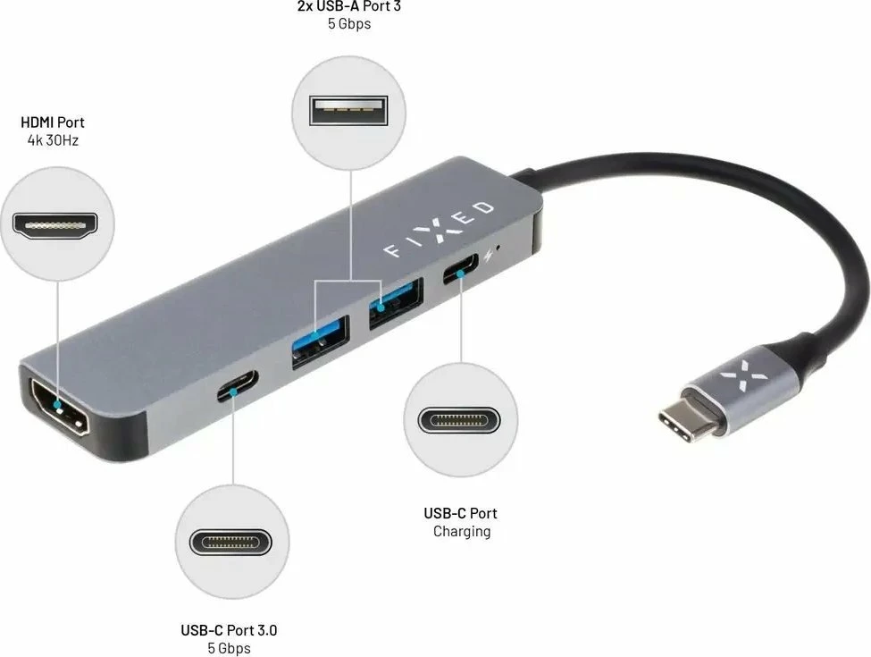 Hub USB-C Fixed FIXHU-MN-GR, 5 porta, HDMI 4K, PD 100W, gri