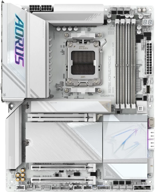Pllakë amë GIGABYTE X870E AORUS PRO ICE, AM5, ATX, DDR5, Wi‑Fi 7, 2.5GbE, USB4, e bardhë/argjend