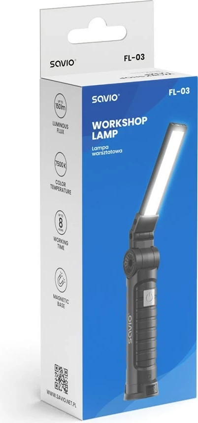 Dritë punëtorie Savio FL-03 COB LED 3W, USB-C, 150 lm, kokë rrotulluese, magnet, e zezë