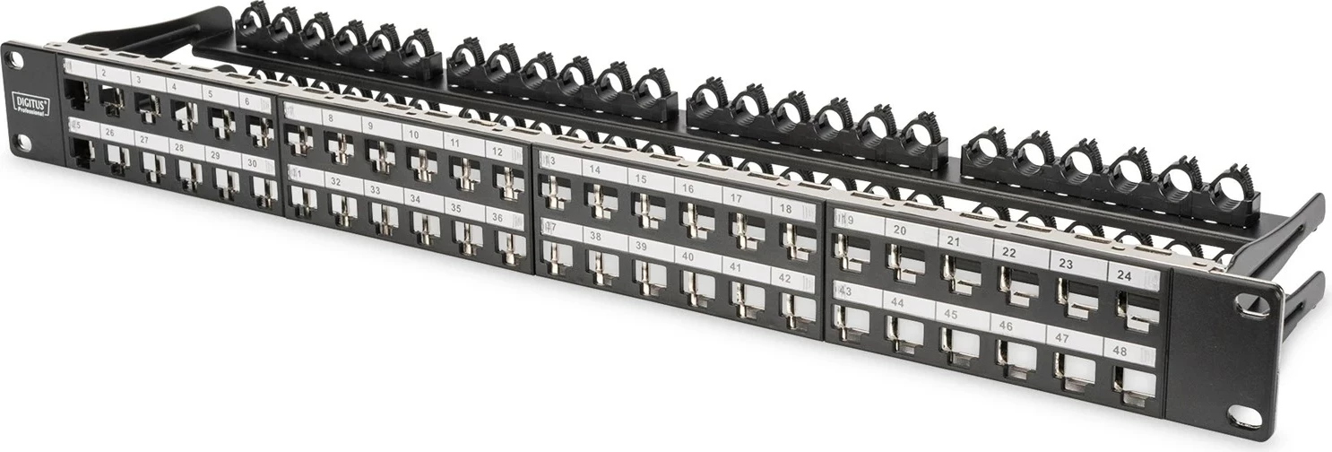 Panel patch DIGITUS DN-91424, 1U, për kabllo Cat6a, Ngjyrë e zezë