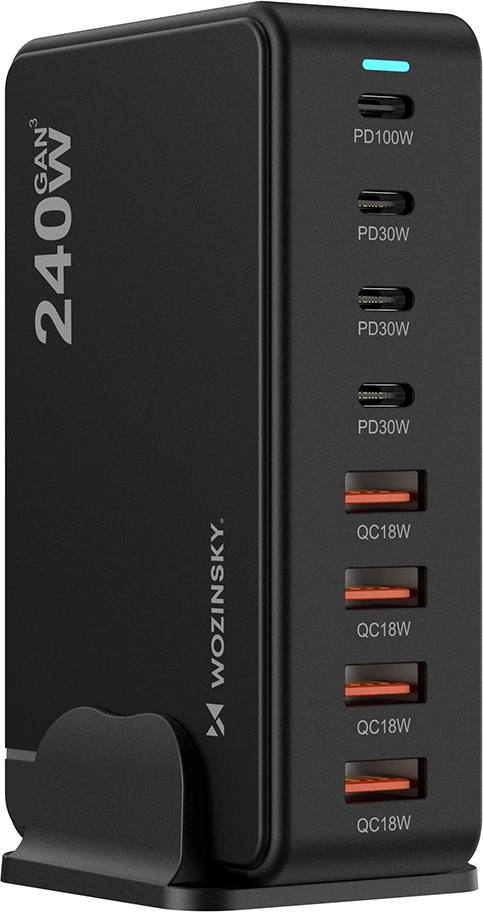Stacion karikimi Wozinsky WSL-240 240W GaN, USB-C PD 100W + 3x30W, 4xUSB-A QC3, i zi