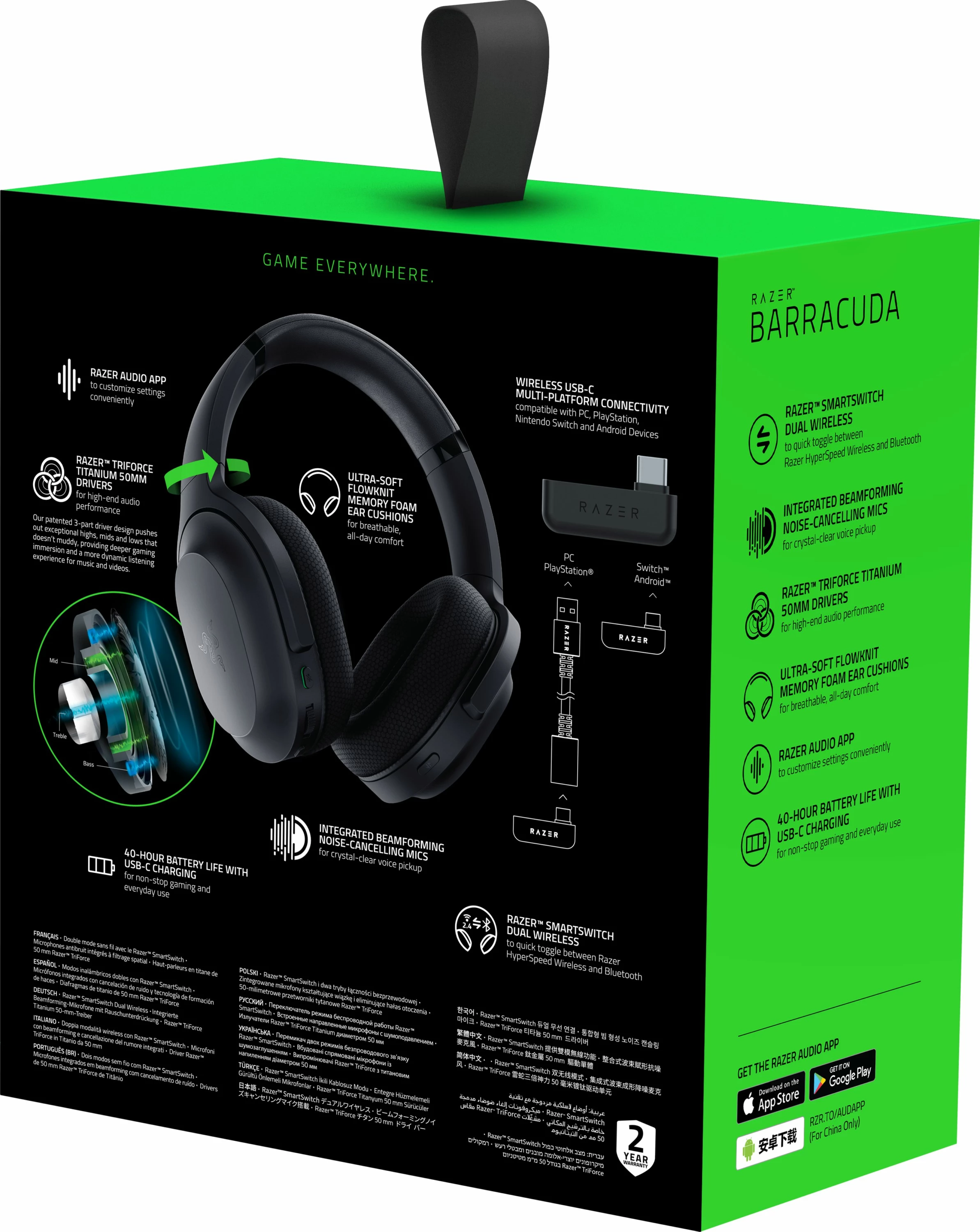 Kufje gaming Razer Barracuda RZ04-03790100-R3M1 wireless 2.4GHz/Bluetooth, USB-C, të zeza