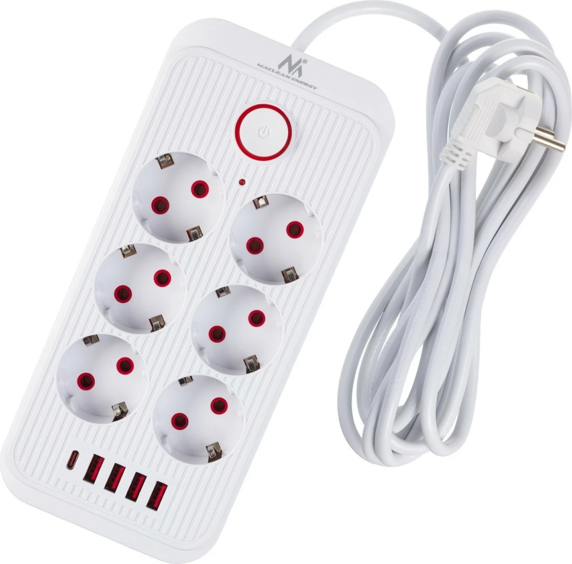 Zgjatues elektrik Maclean MCE391 W, 6x Schuko, 4x USB-A + 1x USB-C, 2500W, 110-240V 50/60Hz, kabllo 3 m, me ndërprerës, e bardhë