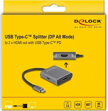 Adapter USB-C DeLOCK DP Alt Mode, 2x HDMI MST, PD 100W, 4K 60Hz, gri