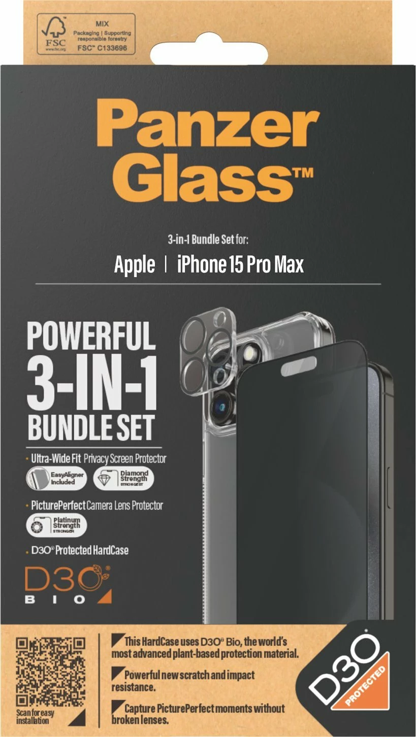 Set mbrojtës 3-në-1 PanzerGlass Privacy për iPhone 15 Pro Max, transparent, paketë 3 pjesë