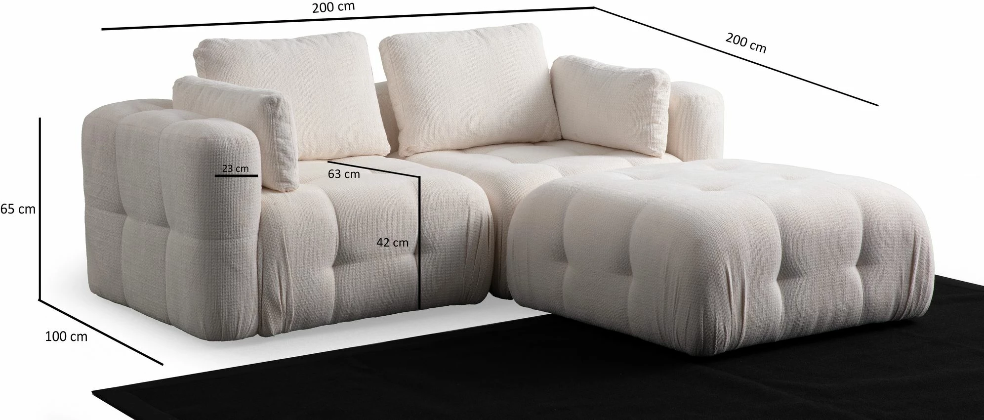 Këndare Amaris me 2 ulëse dhe pouffe, e bardhë
