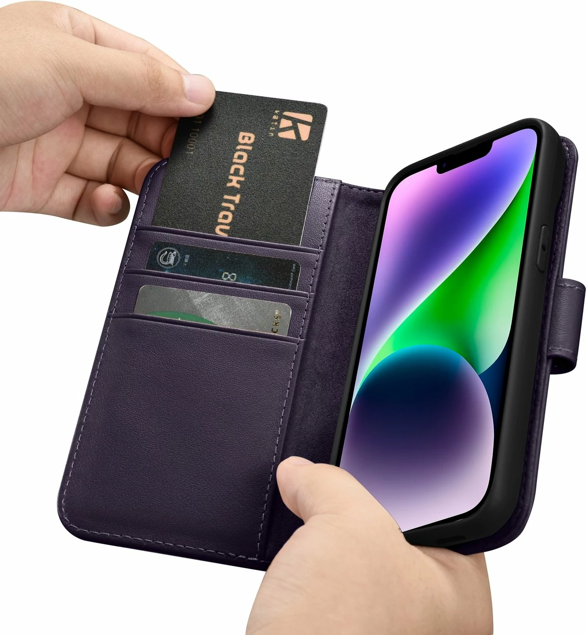 Mbështjellës iCarer Wallet Case 2in1 për iPhone 14 Plus, lëkurë natyrale, Anti-RFID, Vjollcë e errët