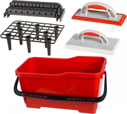 Set veglash për muratori/keramikë PROLINE 61630, kovë plastike 22 L, me rrjetë, rula dhe gladilka, e kuqe (set 1)