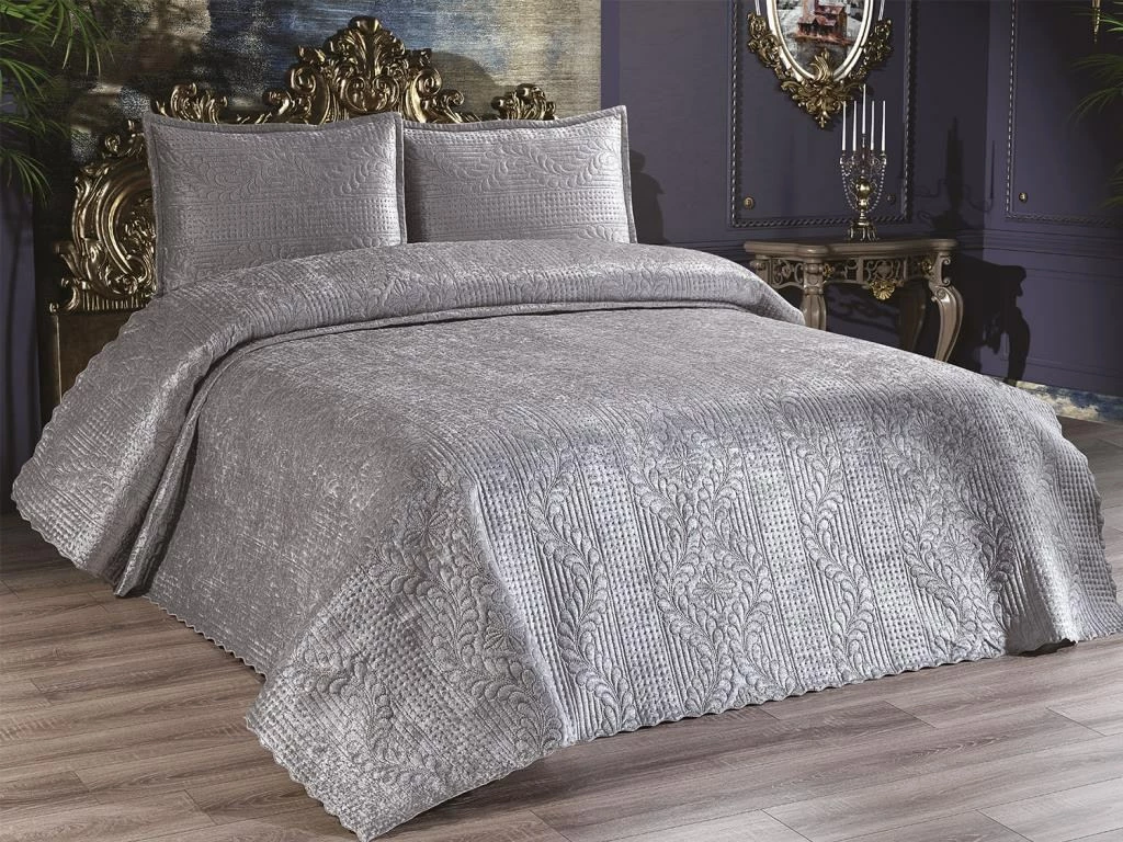 Set mbulesë dysheku dopio, kadife, ngjyrë gri, Velica