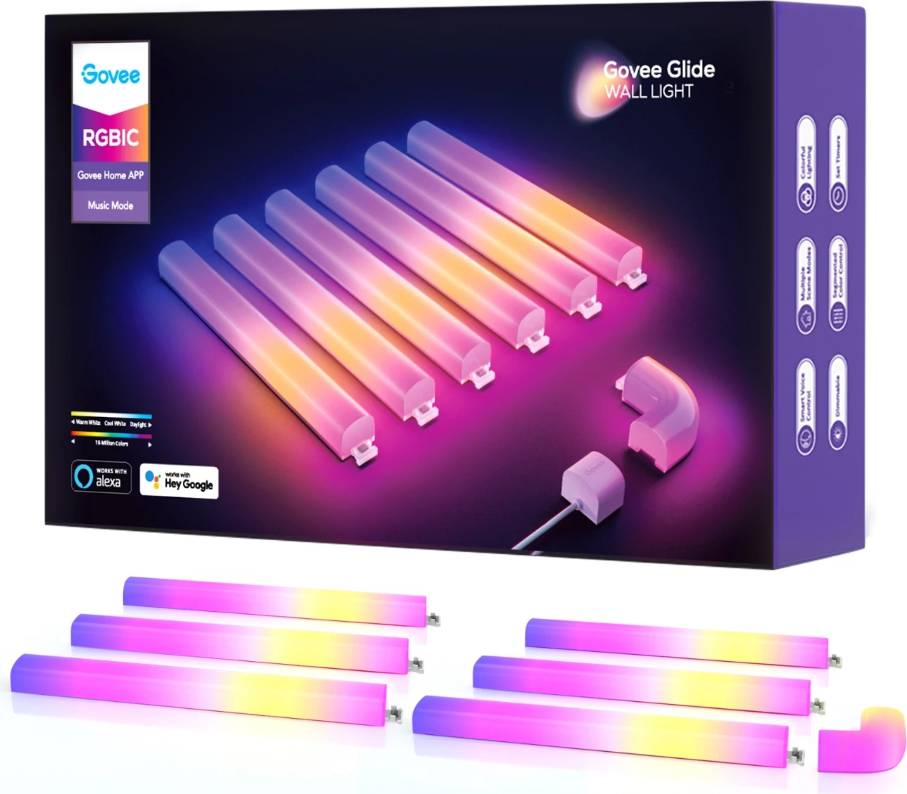 Dritë muri smart Govee Glide RGBIC, set 6 shufra + 1 lidhës këndi