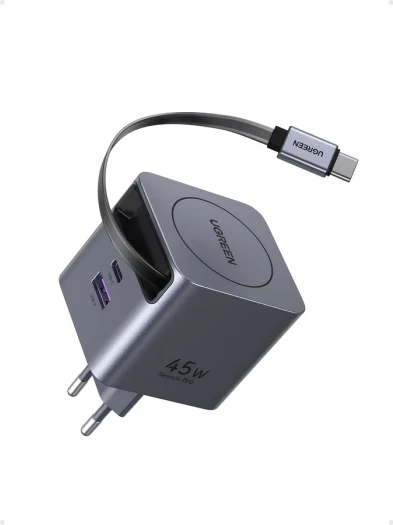 Karikues USB-C GaN UGREEN 65822 45W, 3-portësh, me kabllo tërheqëse 0.7 m, gri