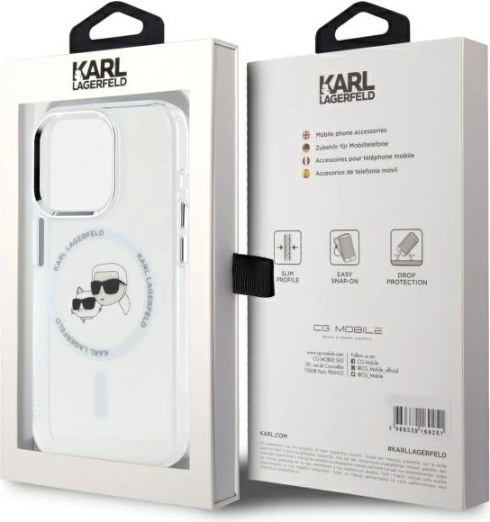 Mbështjellës Karl Lagerfeld IML Metal Karl&Choupette Head MagSafe për iPhone 15 Pro, Bardhë