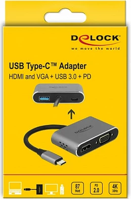 Adapter USB-C DeLOCK 64074, HDMI + VGA, USB-A 3.2 Gen1, USB-C PD 87W, metal, gri
