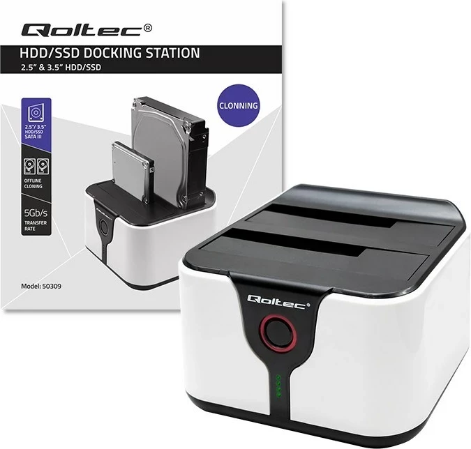 Stacion docking Qoltec 50309, HDD SSD 2.5" 3.5", USB 3.0, Bardhë