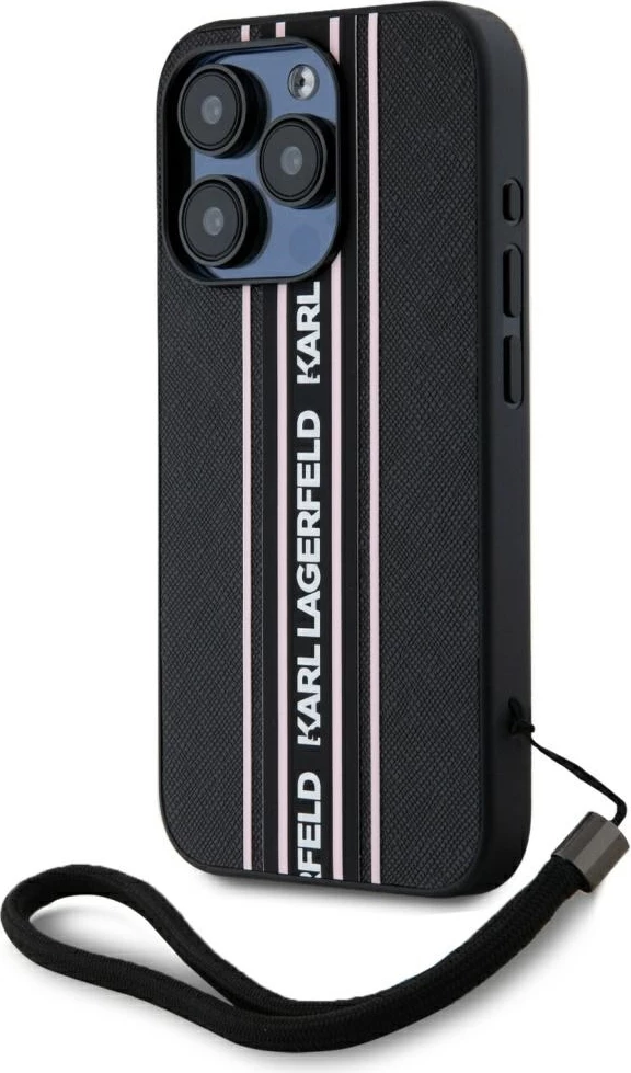 Mbështjellës Karl Lagerfeld Saffiano Athleisure Stripes Cord për iPhone 15 Pro, Rozë