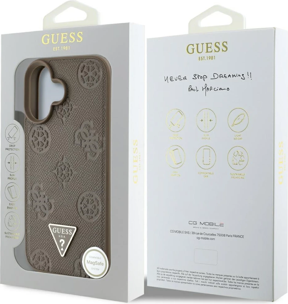 Mbështjellës Guess Grained Hot Stamp Peony Triangle Logo MagSafe për iPhone 16, Kafe