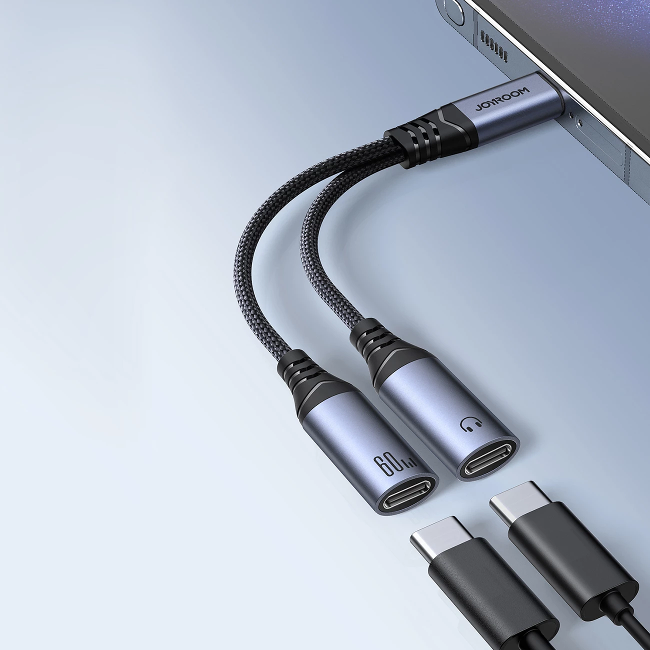 Adapter USB-C në 2x USB-C Joyroom SY-C03, DAC, 60W, i zi