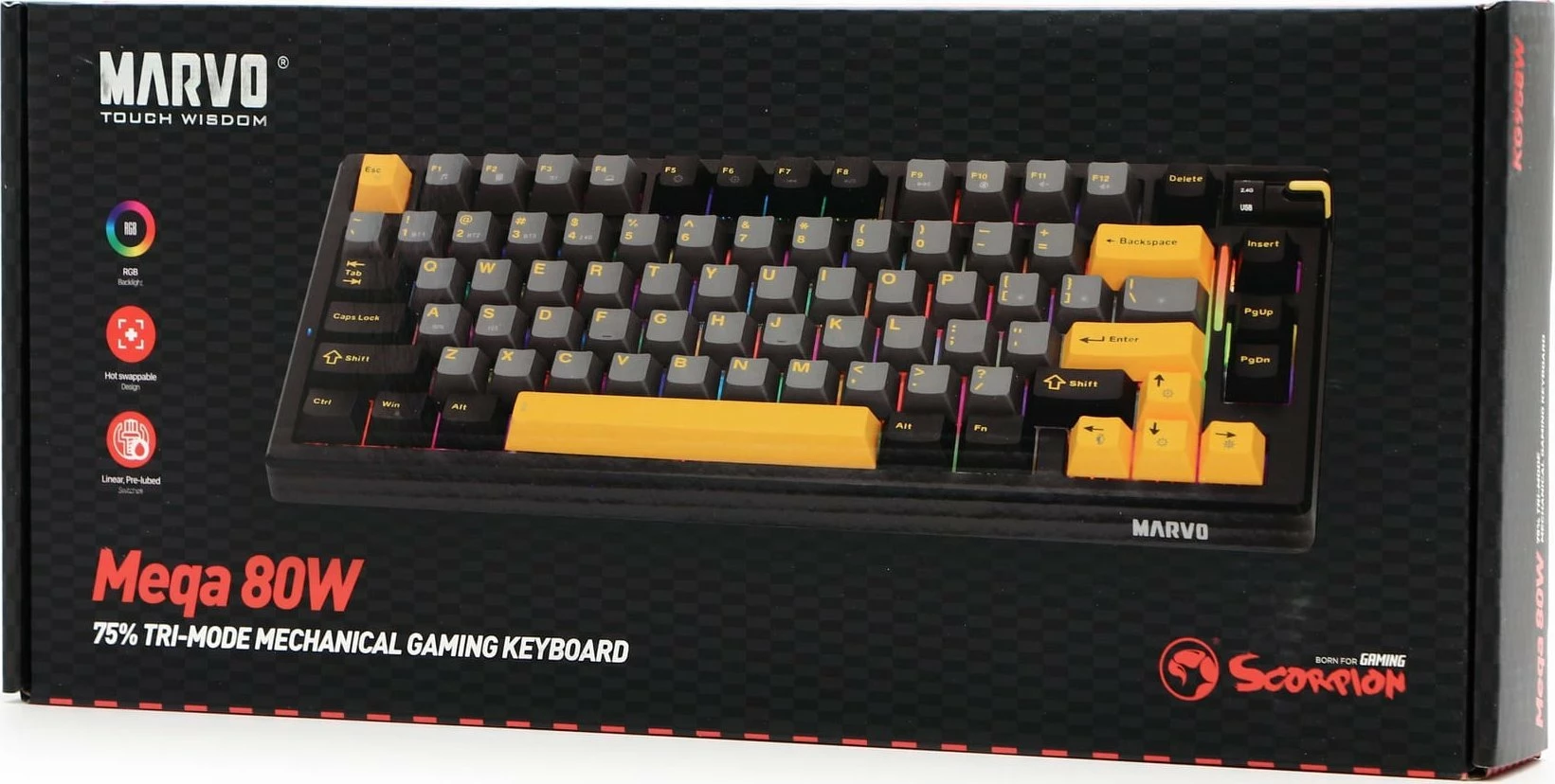 Tastierë gaming Marvo Meqa 80W KG958W, mekanike 75%, RGB, Hot-Swap, USB-C/Bluetooth/2.4GHz, Strawberry Jam (red), e zezë me theks të verdhë