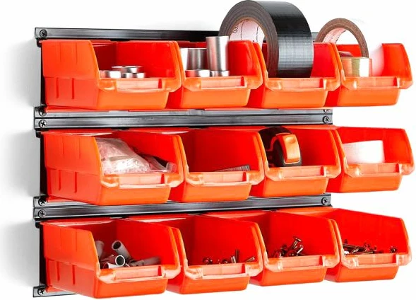Organizator muri VONHAUS 3500258, set 15 copë, 3 panele çeliku, kuti polipropileni 5 kg/ndarje, portokalli