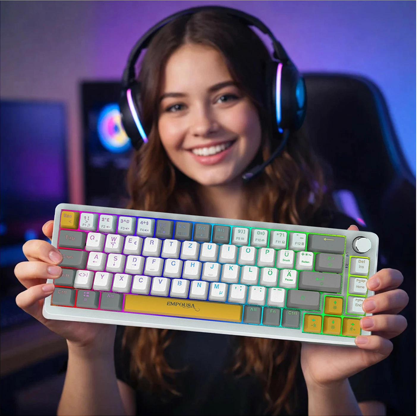 Tastierë gaming INCA, 65%, mekanike Red Switch, RGB, USB-C, QWERTY DE, 2m, e bardhë