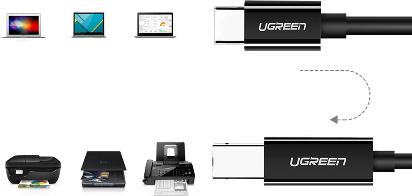 Kabllo printeri Ugreen US241, USB-C në USB-B, 2m, e zezë