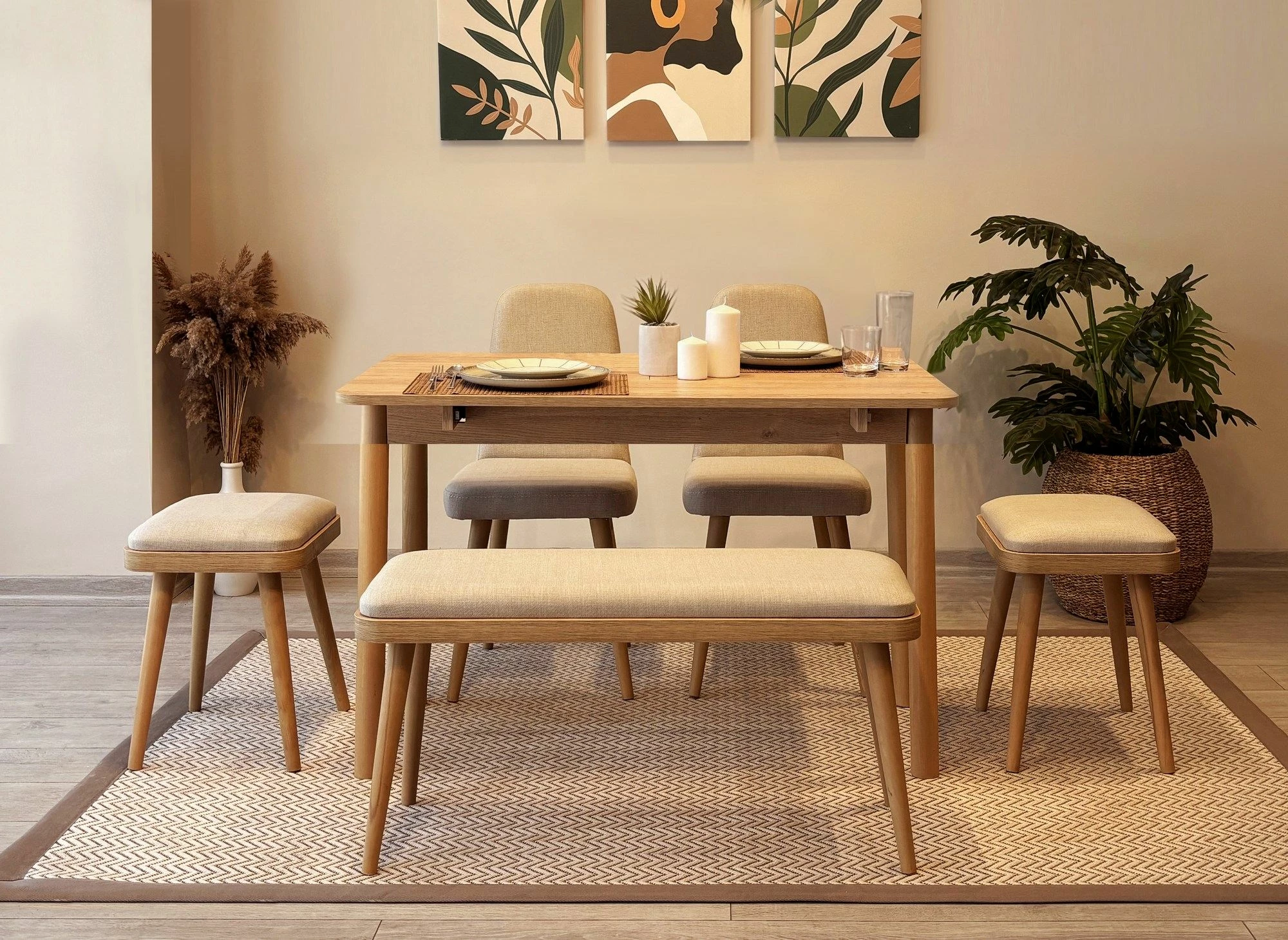 Set tavoline me karrige për ngrënie, zgjatës, 6 pjesë, Skye Decor, Vina Mini 03 1005, ngjyrë lis dhe krem