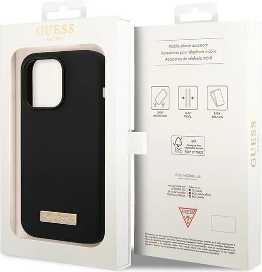 Mbështjellës Guess Silicone Logo Plate MagSafe për iPhone 14 Pro Max 6.7", zi