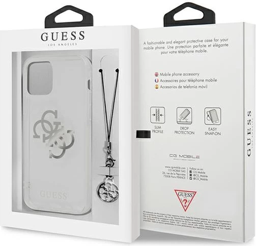Mbështjellës Guess GUHCP12LKS4GSI për iPhone 12 Pro Max 6.7", transparent, me varëse argjendi