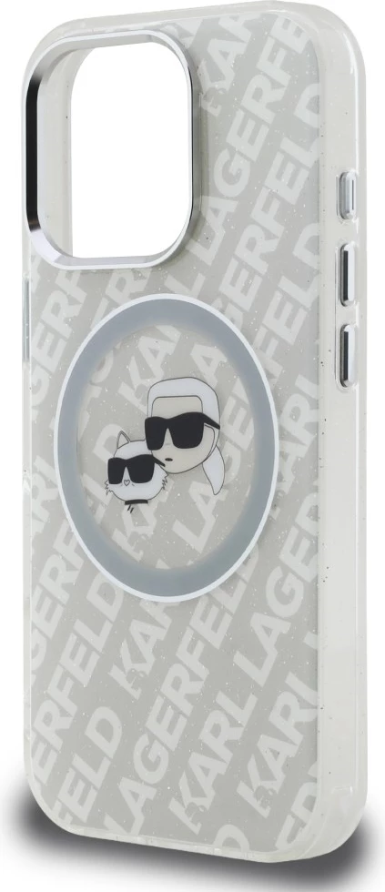 Mbështjellës Karl Lagerfeld IML Glitter Karl & Choupette Heads Logo MagSafe për iPhone 16 Pro Max, TPU/PC, gri