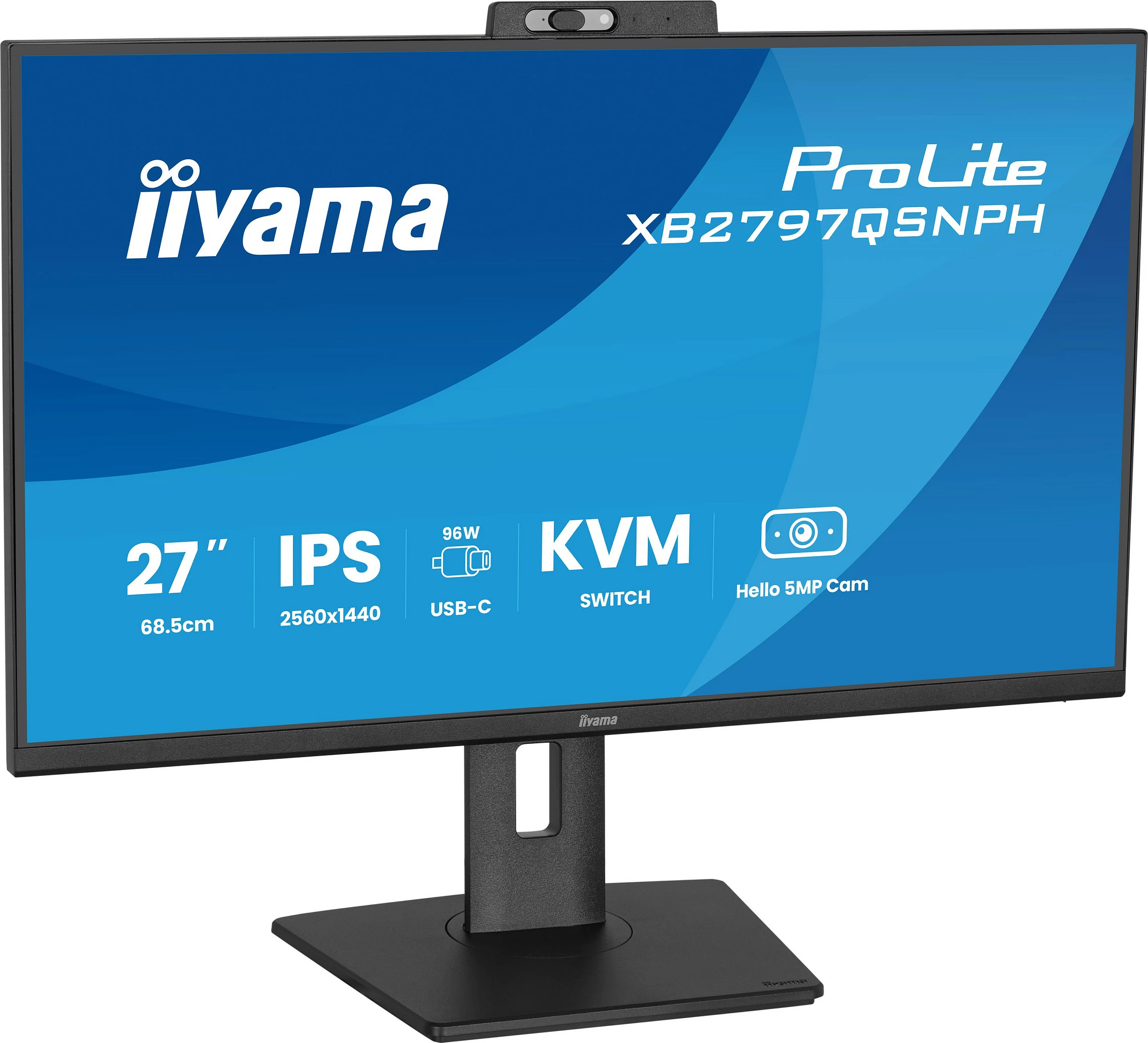 Monitor iiyama ProLite XB2797QSNPH-B1, 27" QHD IPS, 75Hz, 1ms, USB-C 96W, HDMI/DisplayPort, kamerë, i zi