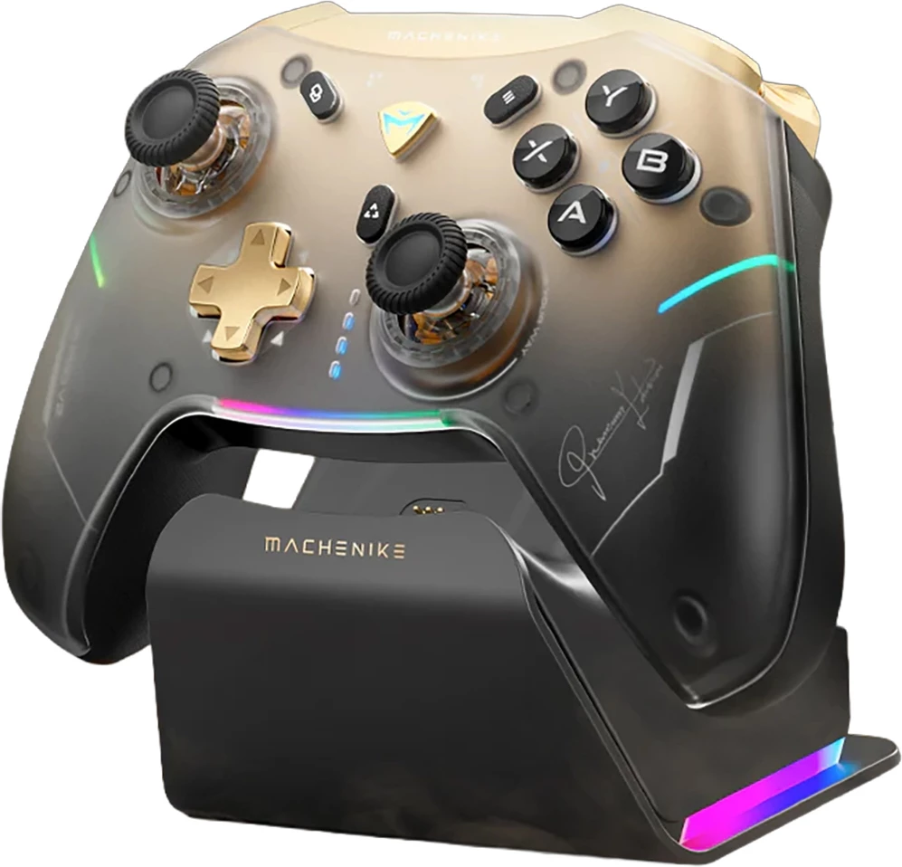 Kontroller lojërash wireless Machenike G5Pro Premium Edition, 2.4GHz/Bluetooth/USB, bateri 600mAh, me stacion karikimi RGB, i zi/ari