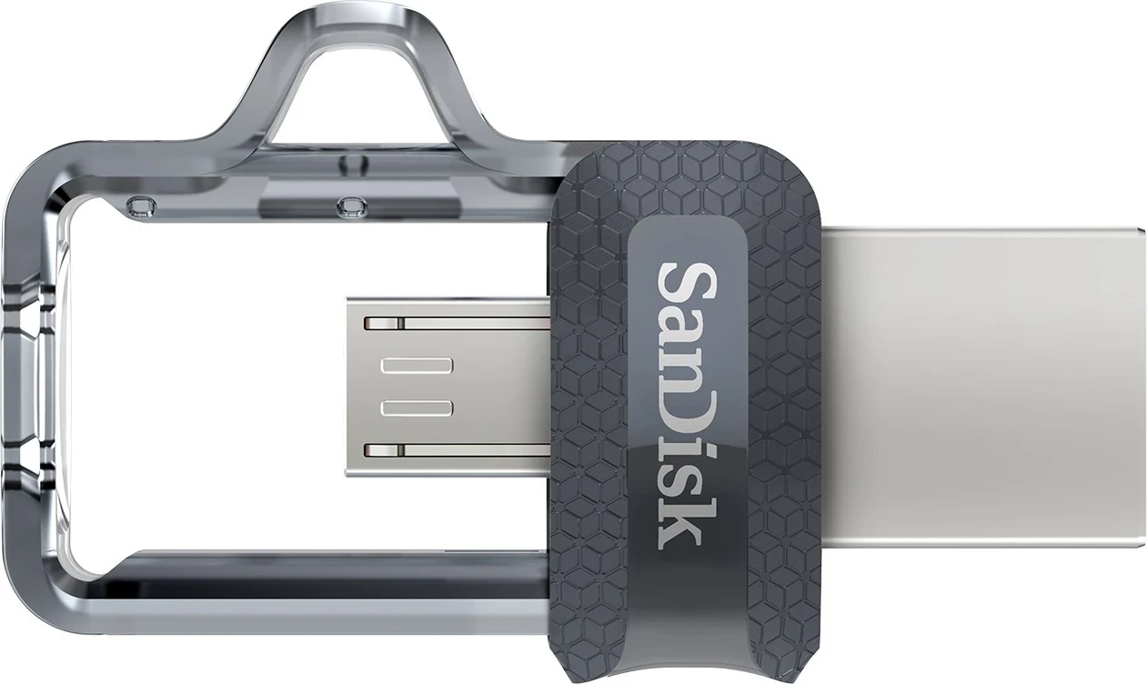 USB Flash SanDisk Ultra Dual m3.0, 64 GB, USB Type-A / Micro-USB 3.2 Gen 1 (3.1 Gen 1), E zezë, Argjendtë, Transparent