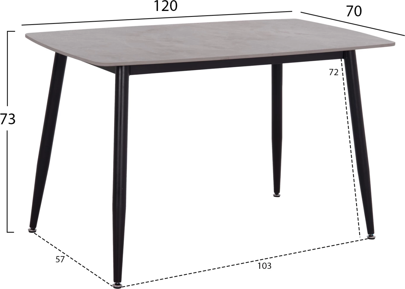 Tavolinë ngrënieje RAVEN, sipërfaqe qeramike ngjyrë mermeri gri, këmbë metalike të zeza, 120x70x73cm