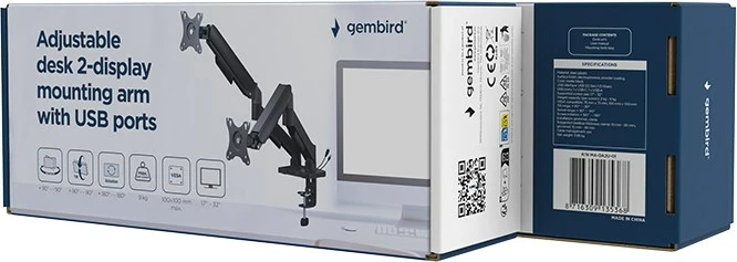 Krah monitori i rregullueshëm GEMBIRD MA-DA2U-01, për 2 ekrane, me porta USB, 17-32", zi