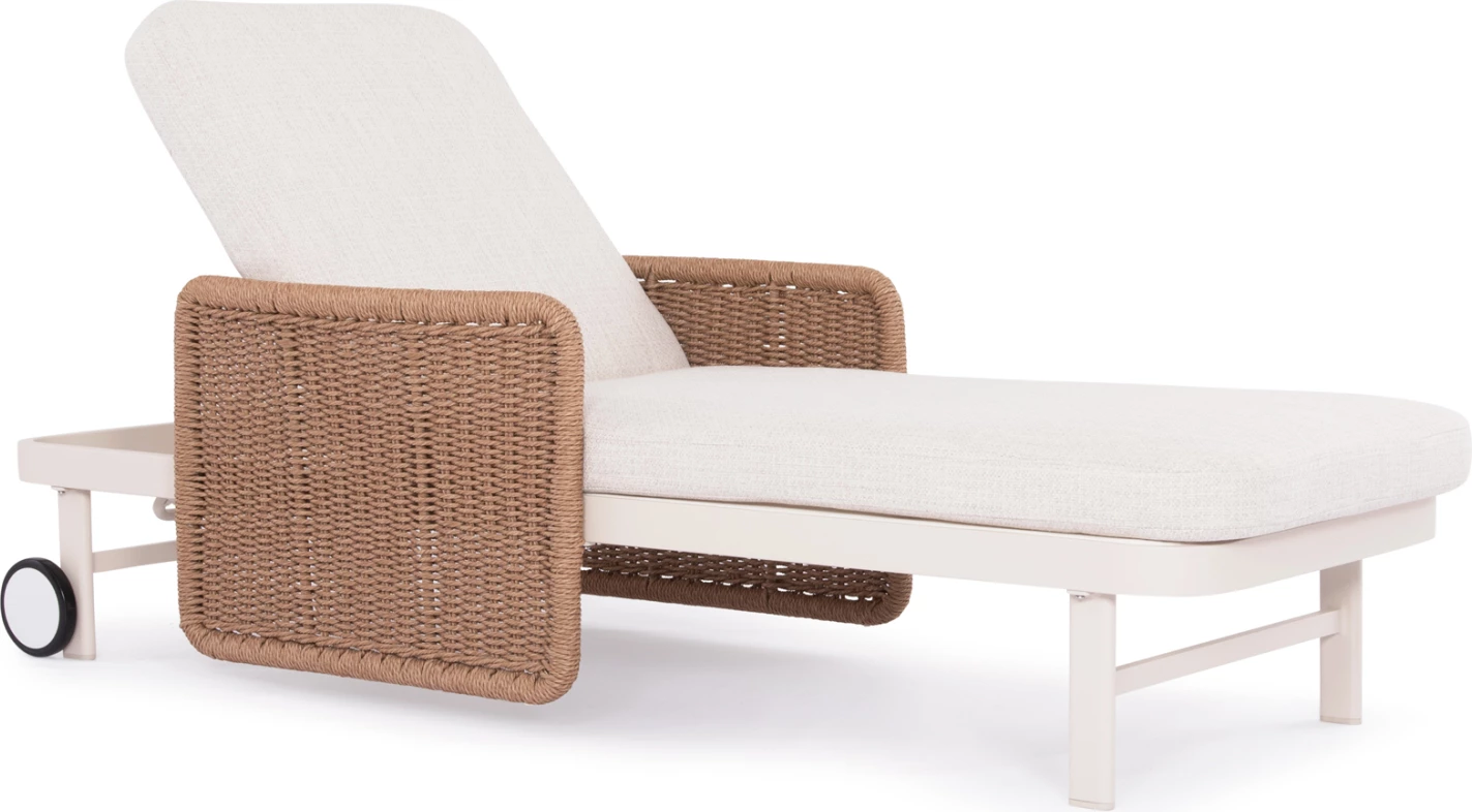 Shezlong alumini, ngjyrë fildishi, ratan natyral, jastëk bezhë, 205.5x86x58-104H