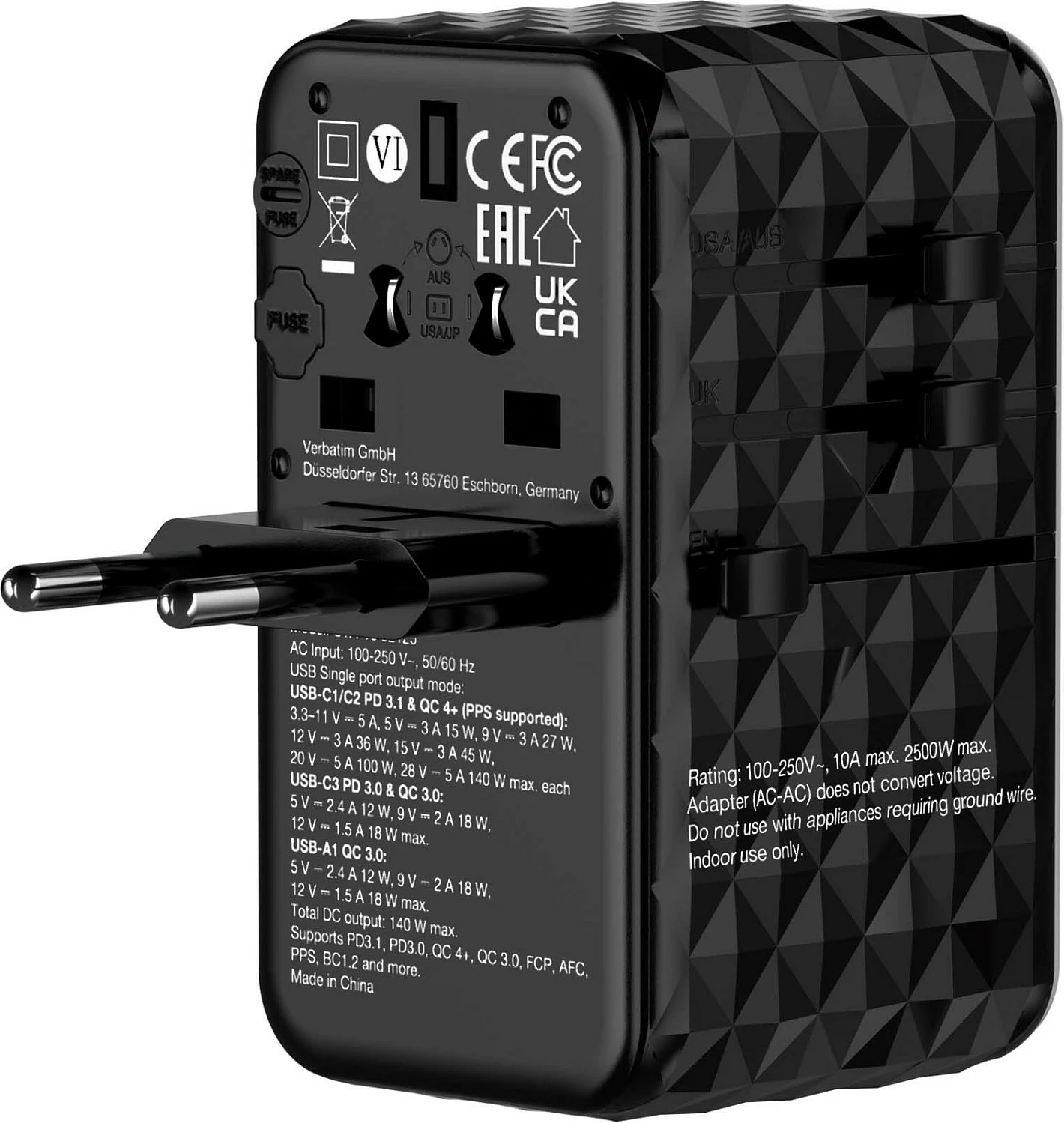 Adapter udhëtimi universal Verbatim UTA-10 GaN III, 140W, 3x USB-C PD, 1x USB-A, i zi