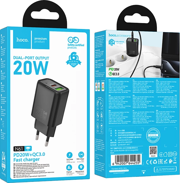 Adapter karikimi HOCO N61 GaN PD 20W, USB-A + USB-C, i zi