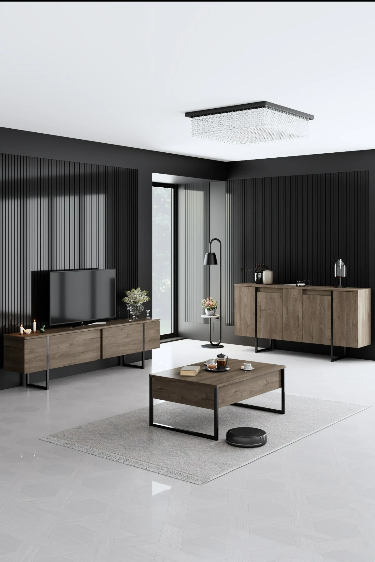 Set mobiljesh për dhomë dite, Luxe, ngjyrë arre dhe e zezë