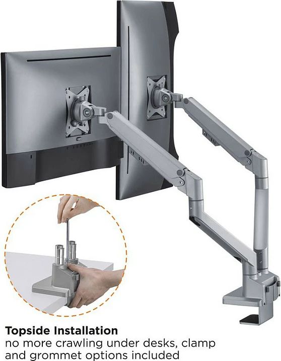 Mbajtëse monitori ROLINE LCD Doppelarm, montim në tavolinë, gasfeder, 2x 17-32 inç, VESA 75x75/100x100, deri 2x9 kg, argjend