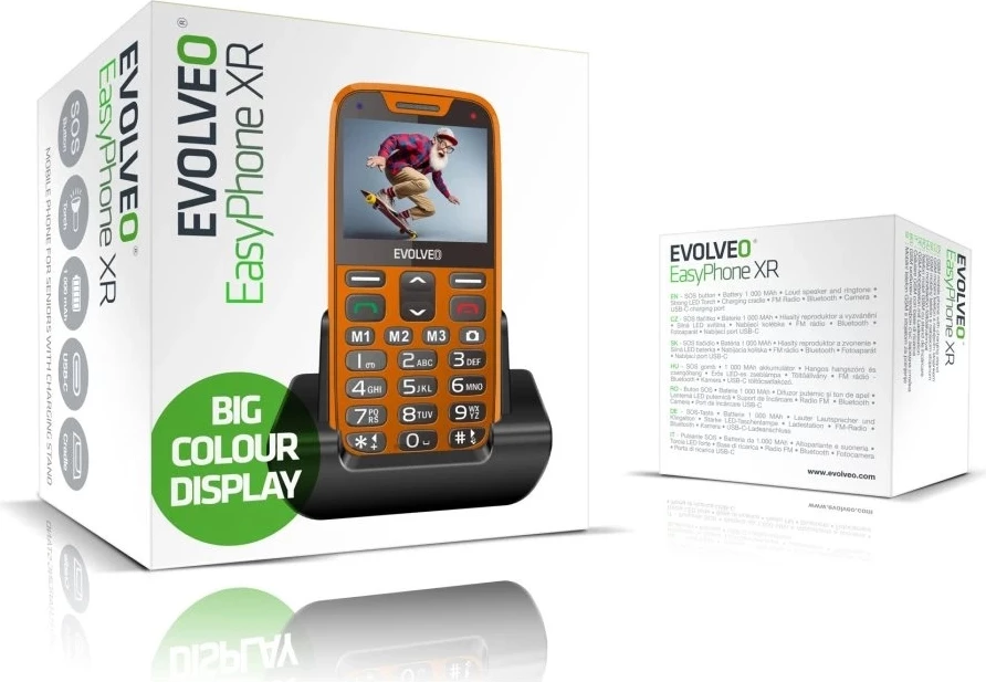 Telefon me butona Evolveo Easyphone XR, ekran me ngjyra, taste të mëdha, buton SOS, Bluetooth, radio FM, kamerë, Type-C, me bazë karikimi, portokalli