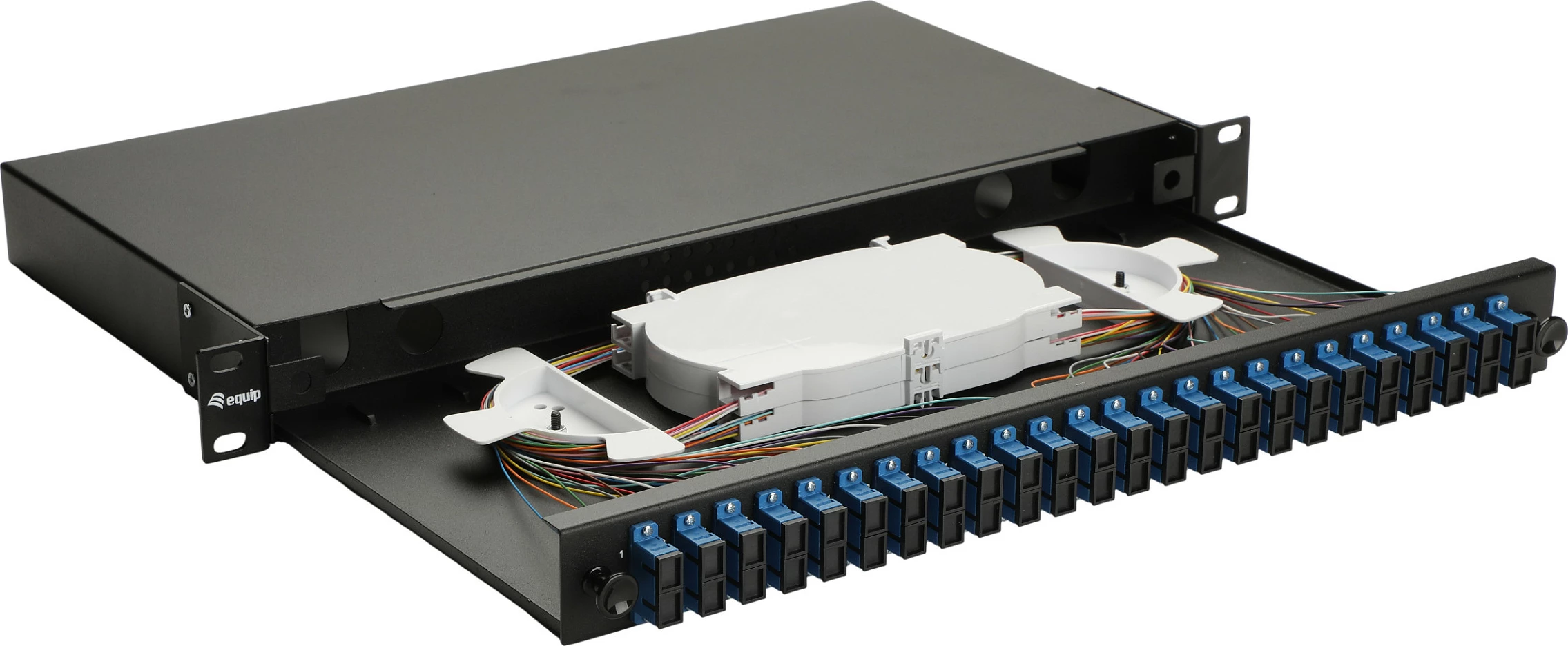 Kuti splice fiber optik Equip 337310, 24-Port SC Duplex, OS2, 1U rack, e zezë