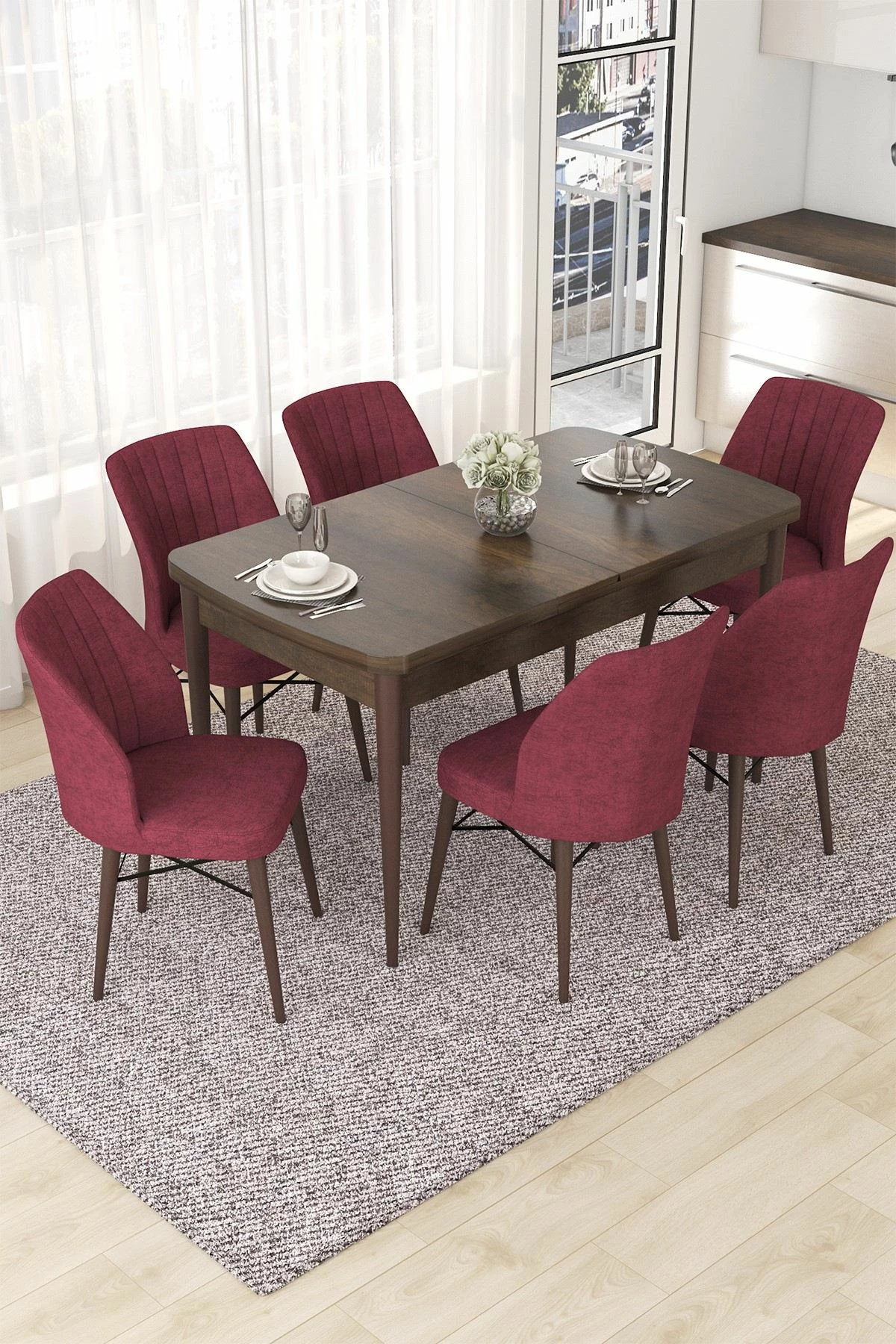 Tavolinë me karrige, zgjatshme, 7 copë, ngjyrë barok dhe burgundy, Skye Decor, Nef