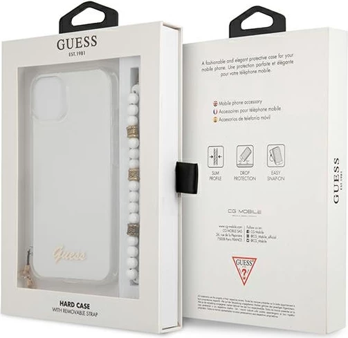 Mbështjellës Guess GUHCP13SKPSWH për iPhone 13 mini 5.4", transparent, me varëse perlë