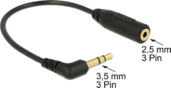 Adapter kabllo audio DeLOCK 3.5mm mashkull në 2.5mm femër, 0.17 m, këndor, zi